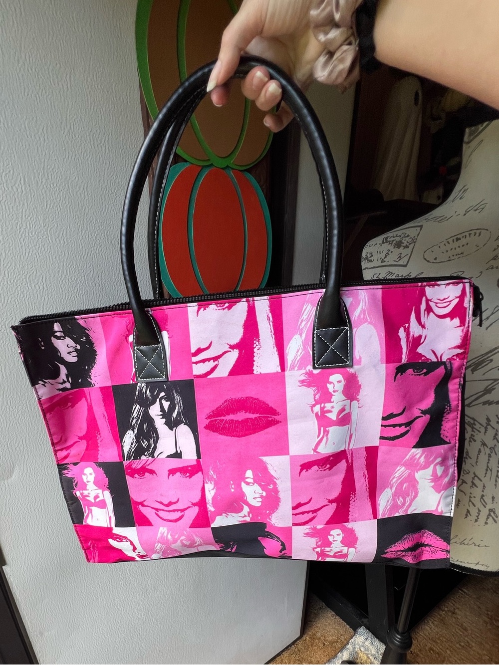 Vintage Victoria's Secret pop-art tote bag collage of model portraits.